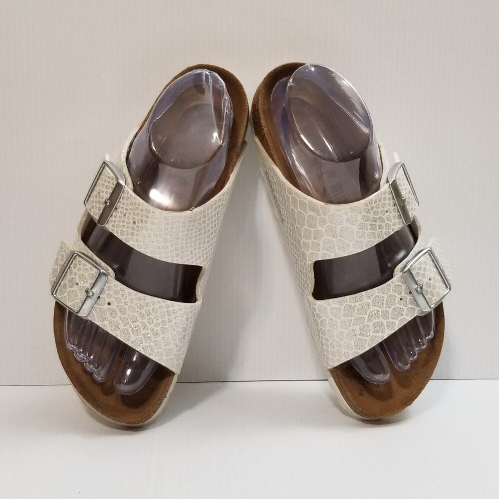 Birkenstock Womens EU 38 US 7 Narrow Arizona White Silver Snakeskin Sandals GUC